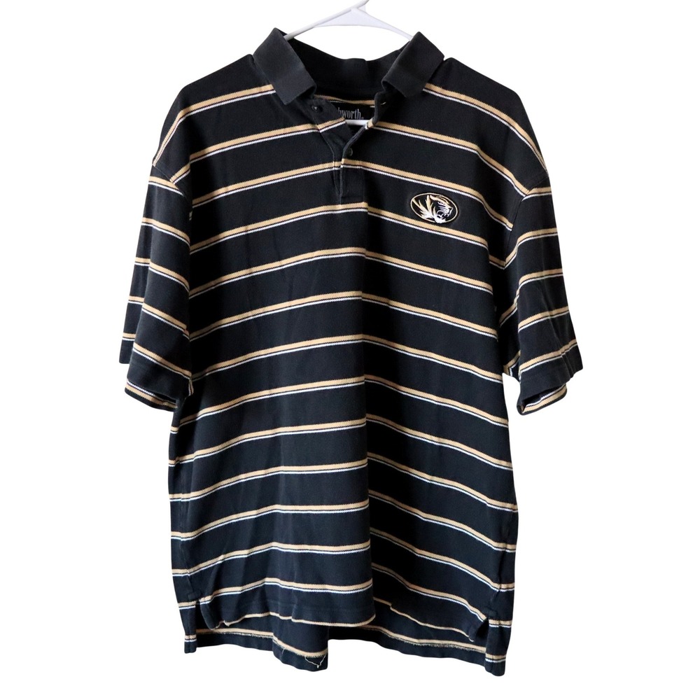 Ashworth Men's Large Polo Shirt Black Gold Stripe Mizzou Tigers Embroidered Logo